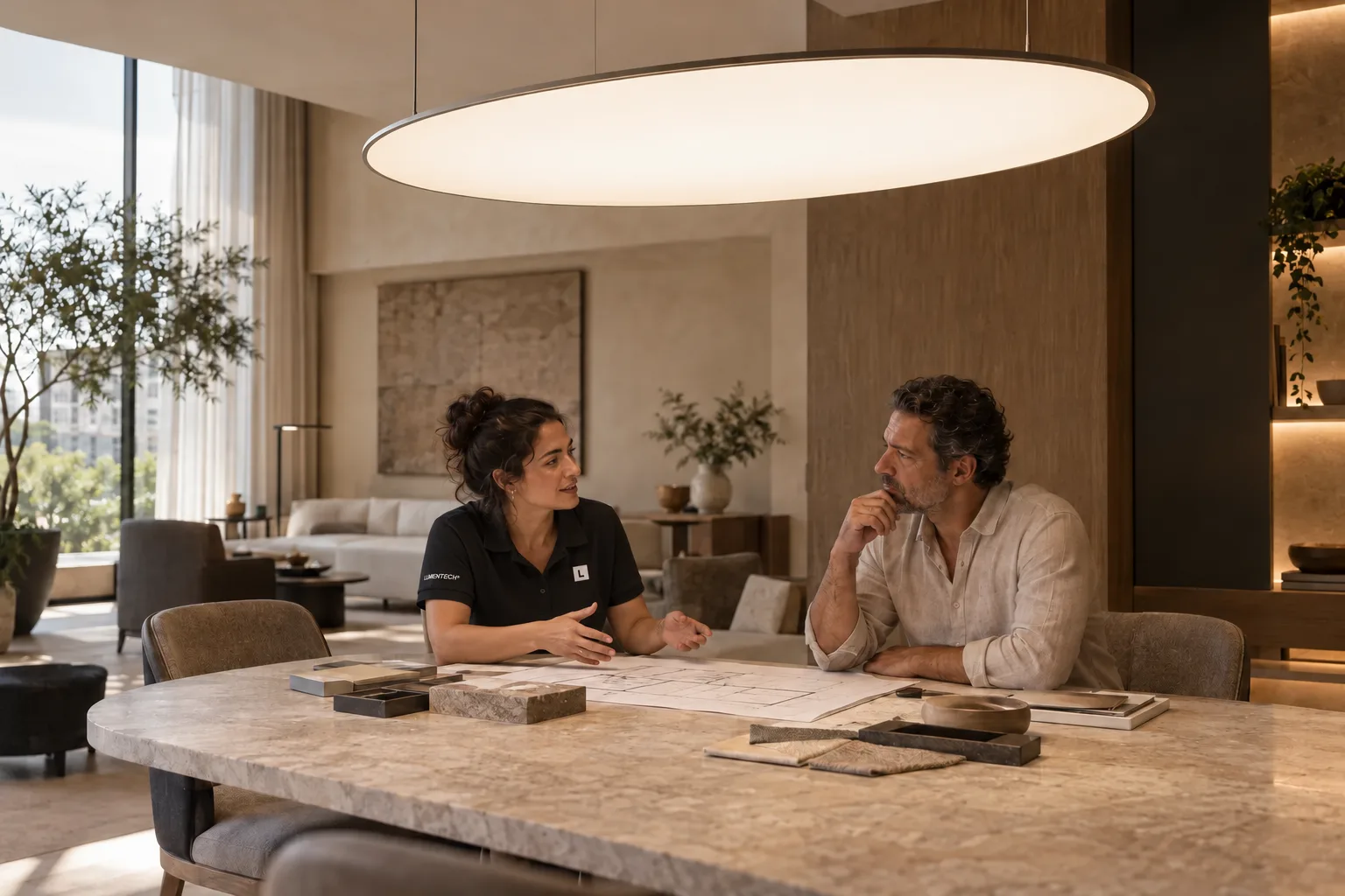 Cena ilustrativa gerada por IA: uma profissional com polo preta Lumentech e um cliente conversam sobre um projeto, sob uma luminária oval de superfície difusa em um ambiente acolhedor.